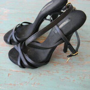 Dolce & Gabbana Black Strappy Leather High Heel Sandals with Gold Accent